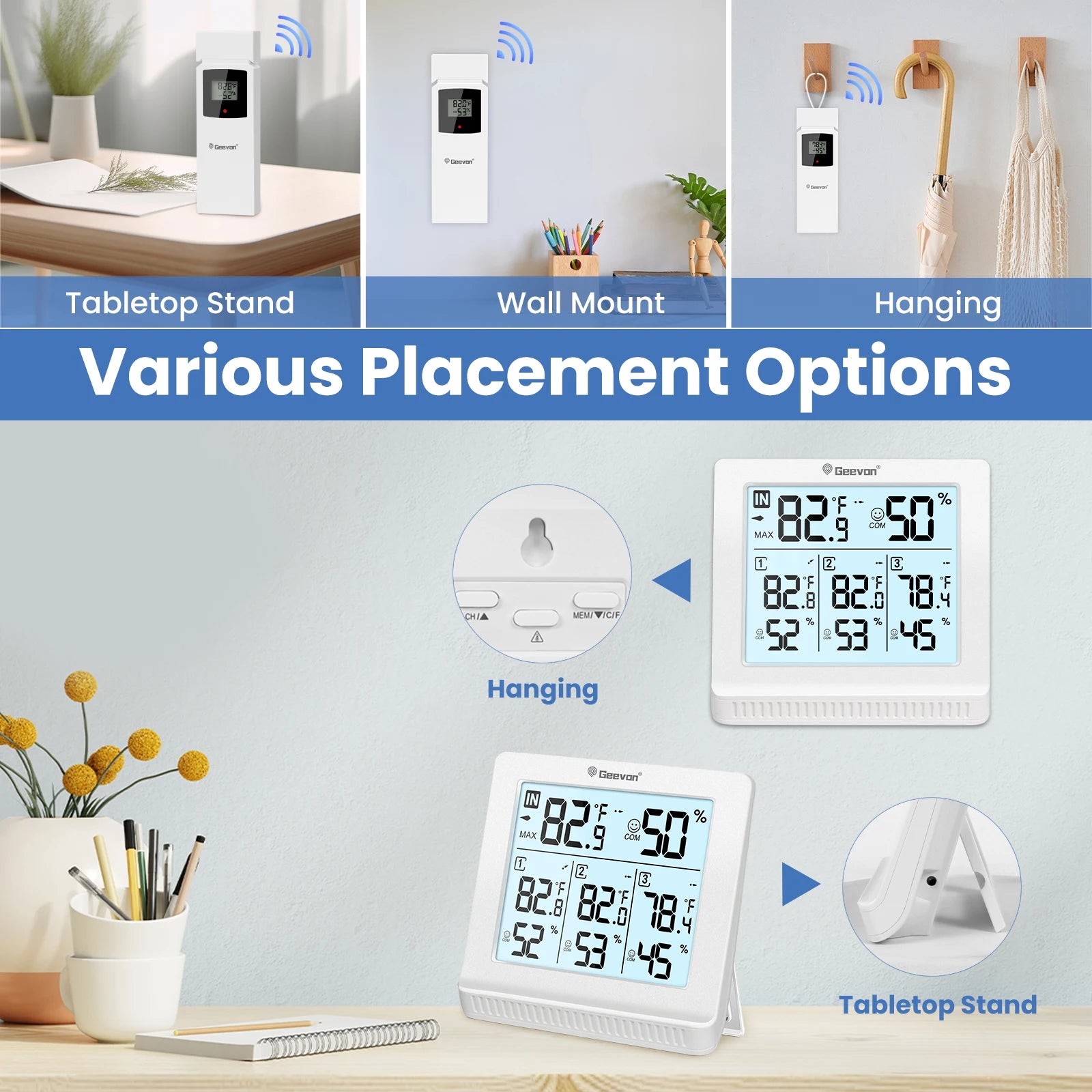 Geevon wireless indoor/outdoor thermometer with 3 remote sensors; white digital hygrometer thermometer