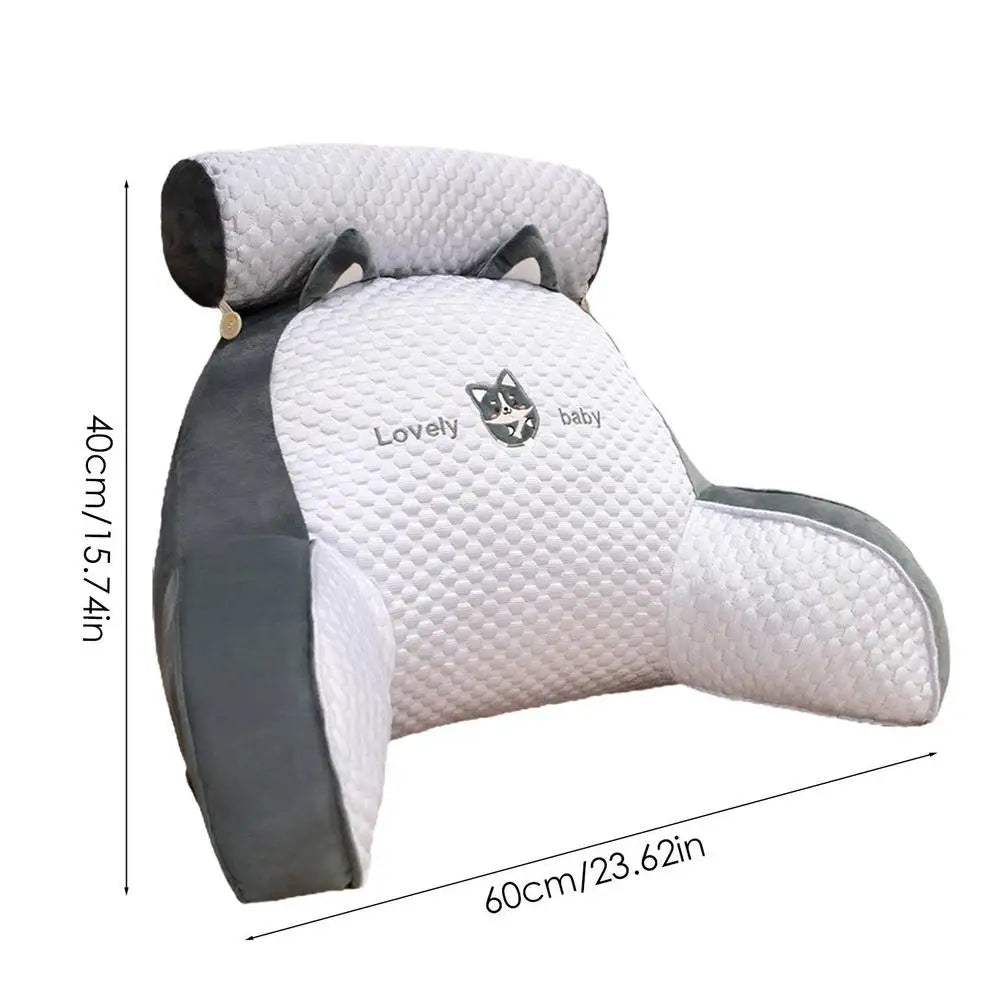 Backrest pillow with arms for TV and reading, gray and white quilted cover, Lovely baby logo