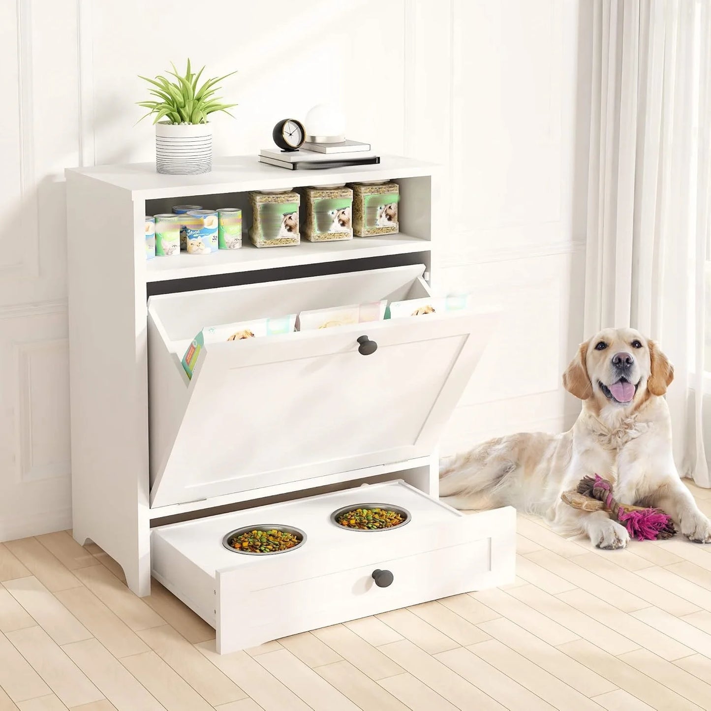 Wooden Dog Feeding Station With Elevated Bowls And Storage Cabinet