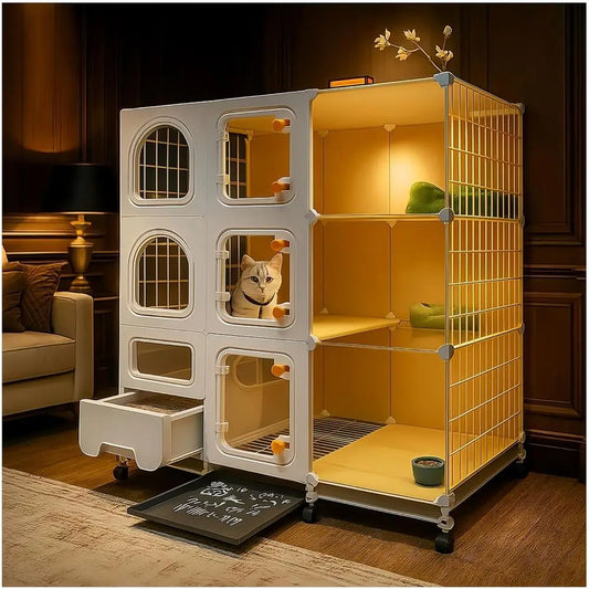 Indoor Cat Cage With Litter Box, Bed, Bowl, Wheels