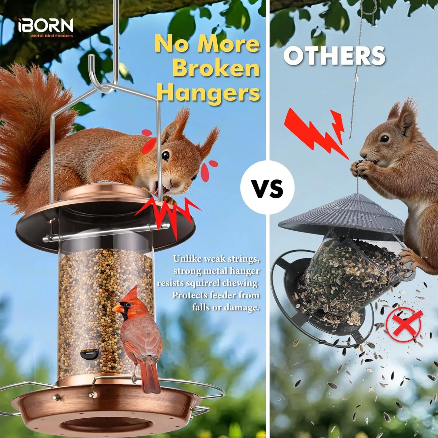 Bird feeder, brushed copper metal, outdoor hanging with 3 perches and 1.5 lb seed capacity; squirrel-proof.