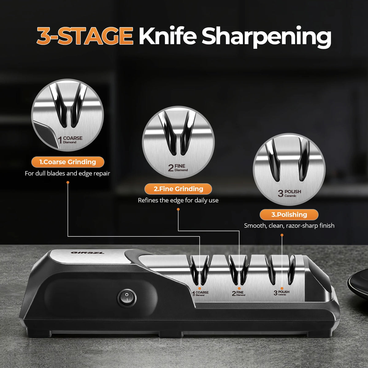 One Touch Electric Knife Sharpener by S And B Enterprise, 3-stage sharpening with coarse, fine, and polishing wheels