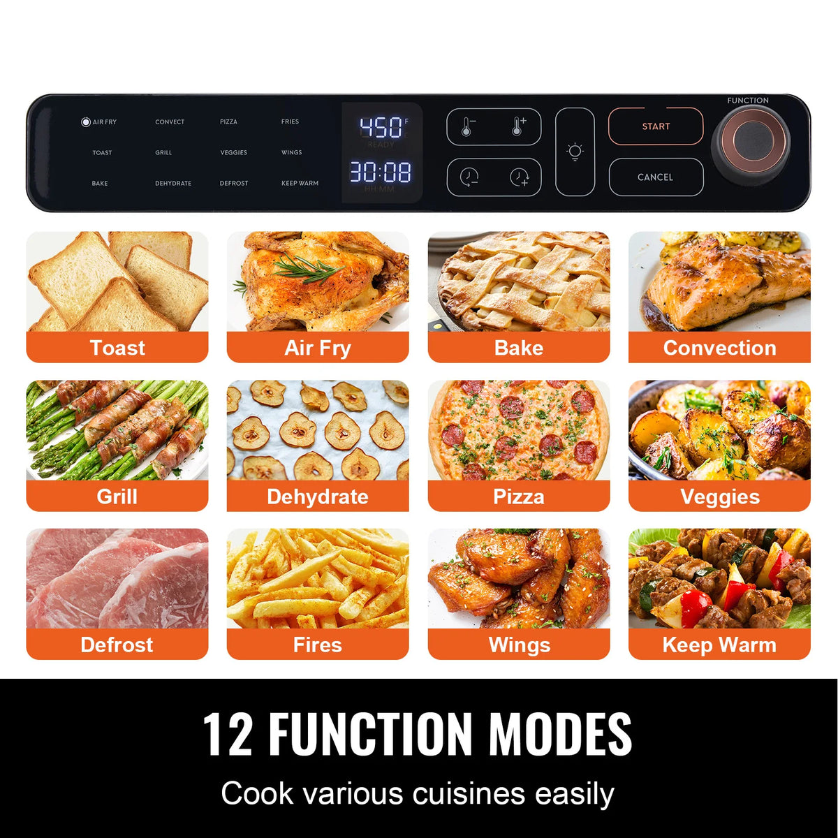 SucceBuy Air Fryer Toaster Oven, 25L, black stainless steel with 1700W convection and 12 functions