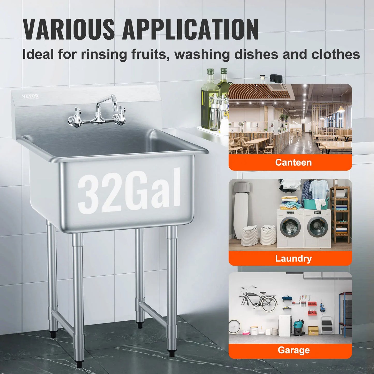 SucceBuy Stainless Steel Kitchen Prep & Utility Sink 1 Compartment Restaurant Commercial Steel Sink w/Faucet for Restaurant Home by S And B Enterprise