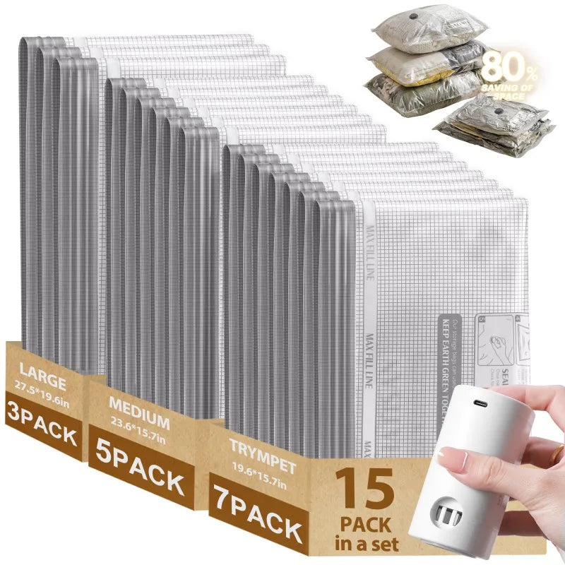 15 Pack Vacuum Bags for Travel with Rechargeable Air Pump, Compression Packing Bags for Luggage, Air Vacuum Bags with Rechargeable Pump, Reusable Space Saver Bags, Airtight Zipper Seal for Clothes Blankets Bedding Quilt, Vacu by S And B Enterprise