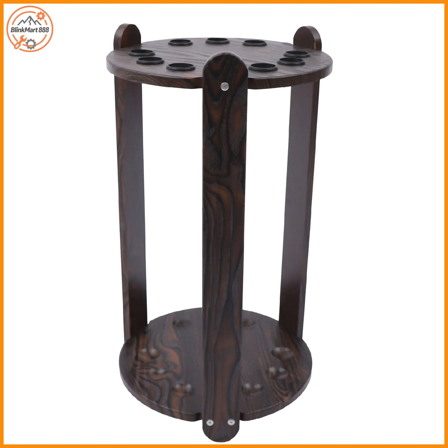 Dark-stained wood billiard cue rack, 9-hole corner floor stand for pool cues; S And B Enterprise
