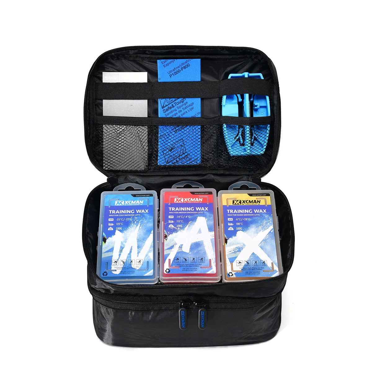 XCMAN Complete Ski Snowboard Tuning and Waxing Kit in a black zip case with three training wax tins
