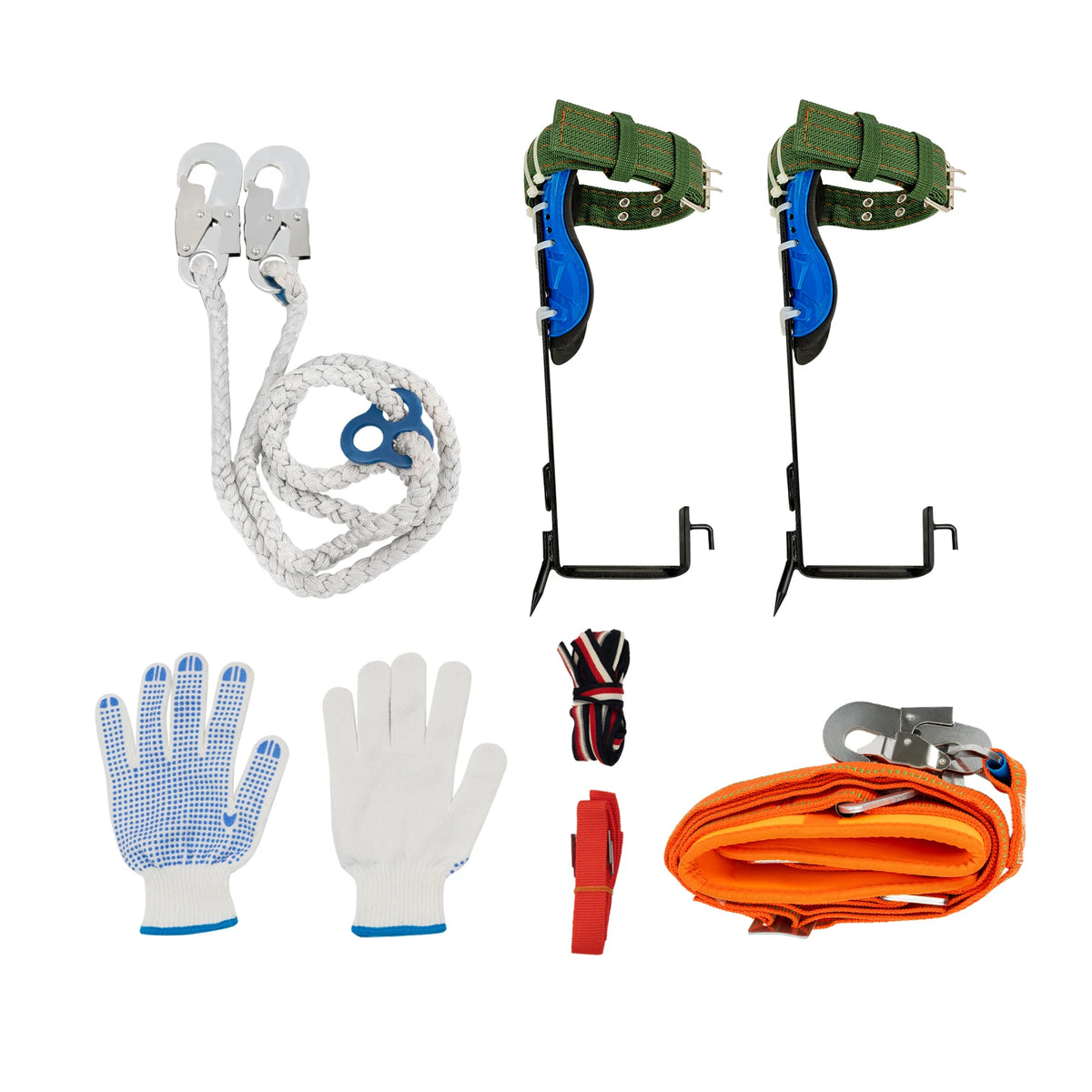 Tree Climbing Spikes Kit by S And B Enterprise with two double-teeth spikes on straps, safety harness, gloves, rope.