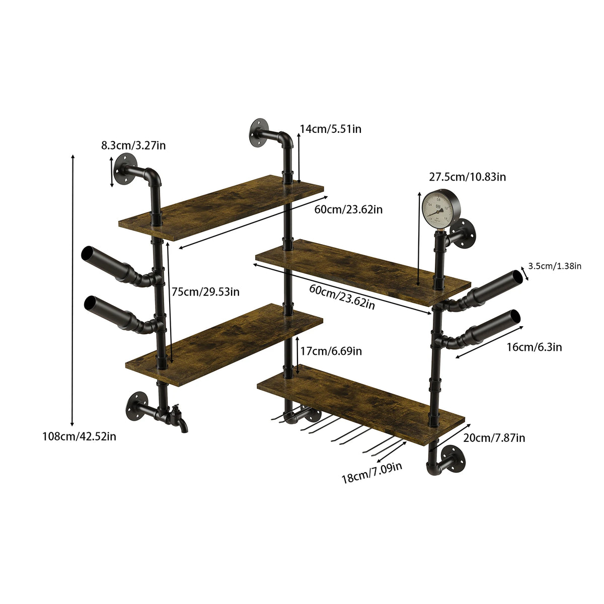 Pipe Bar Liquor Shelf by S And B Enterprise, black metal wall-mounted three-tier unit with wood planks