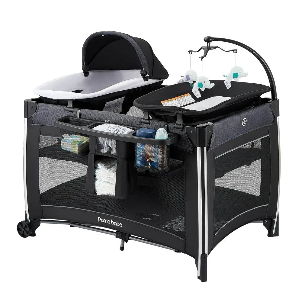4-in-1 baby playpen by Pamo babe with bassinet and changing station, black with breathable mesh sides