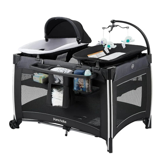 4-in-1 baby playpen by Pamo babe with bassinet and changing station, black with breathable mesh sides