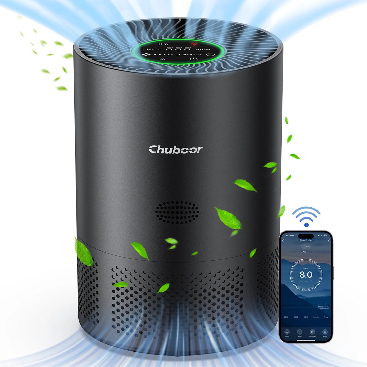 Chuboor air purifier; black cylindrical unit with digital top control and HEPA H13 filtration