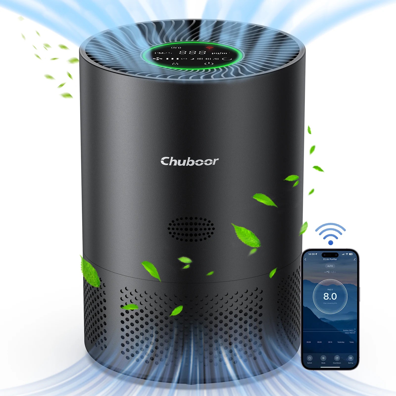 Chuboor air purifier; black cylindrical unit with digital top control and HEPA H13 filtration
