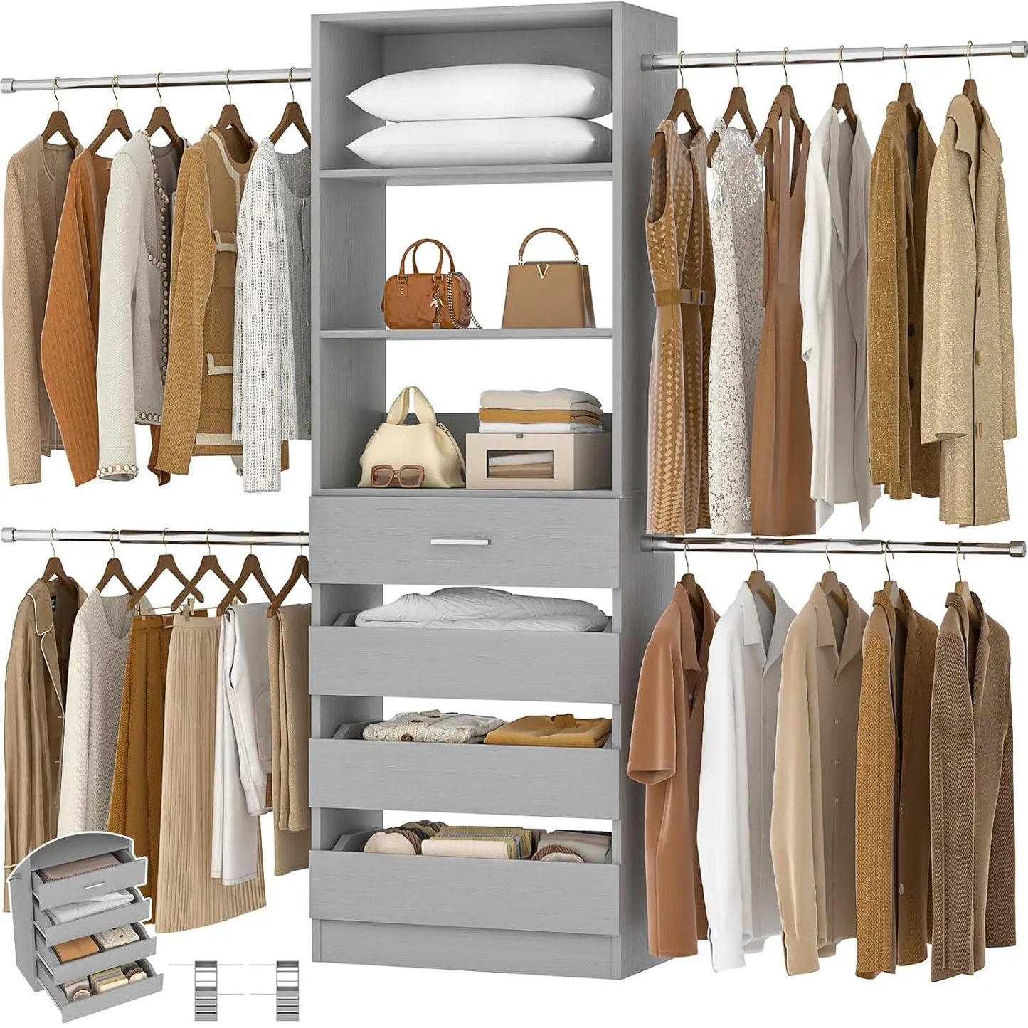 Wooden Closet Organizer System With Drawers And Tower