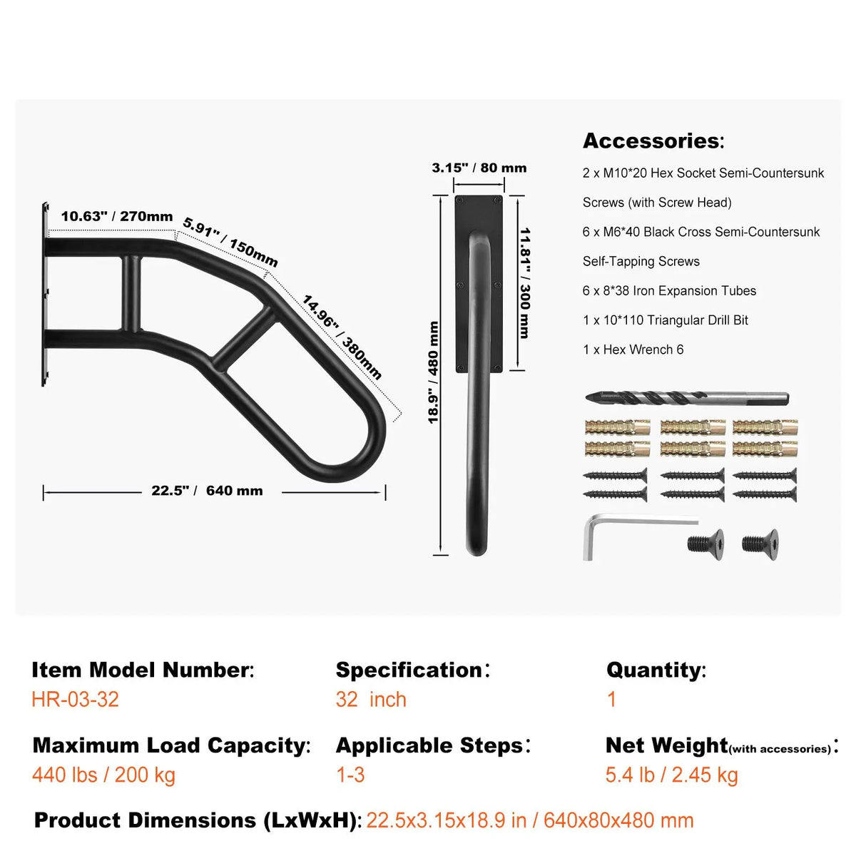 Handrail by S And B Enterprise, 32-inch matte black outdoor wall-mount U-shaped rail for 1–3 steps with hardware.