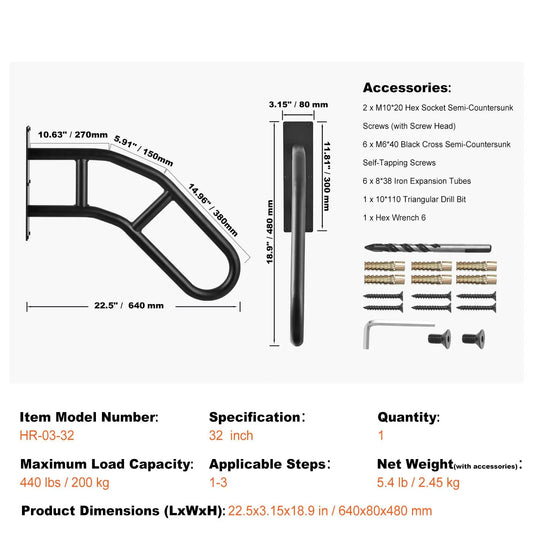 Handrail by S And B Enterprise, 32-inch matte black outdoor wall-mount U-shaped rail for 1–3 steps with hardware.