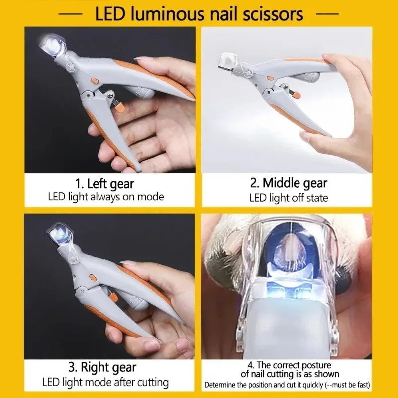 LED Light Pet Nail Clipper by S And B Enterprise; four-panel collage shows LED modes and proper nail-cutting posture