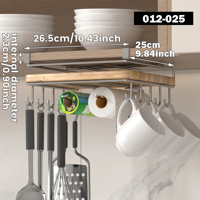 Under-cabinet cutting board organizer rack in stainless steel with hooks and wooden cutting board