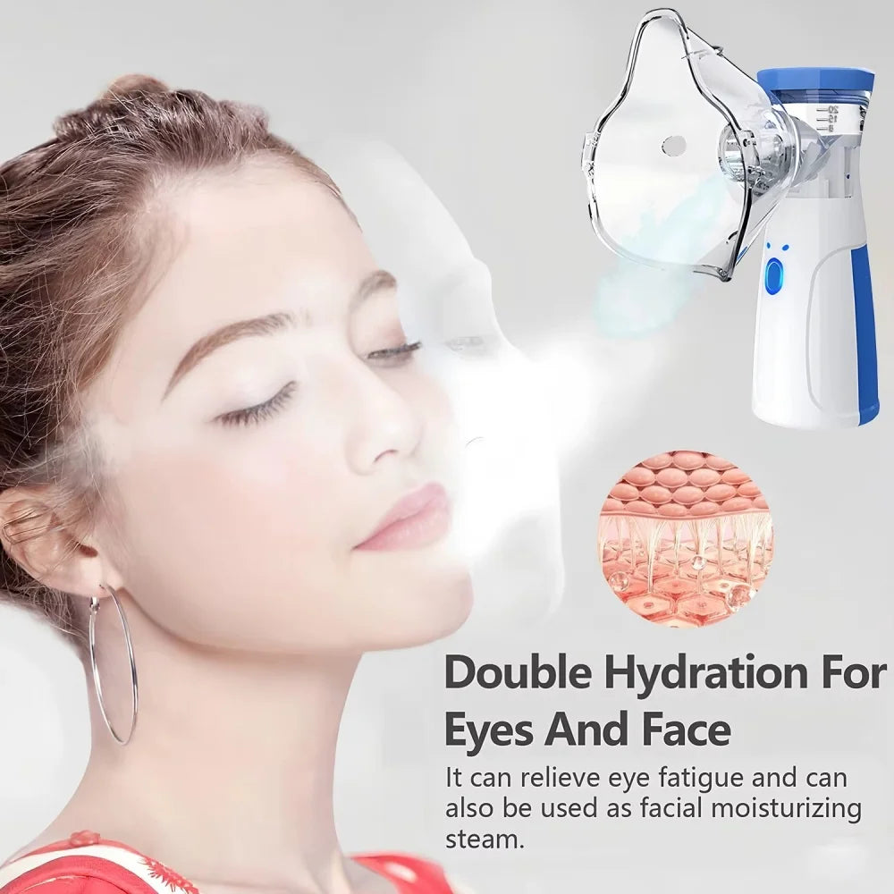 Revitalize Facial Steamer and Humidifier 2-in-1, S And B Enterprise; white and blue device emitting nano mist.