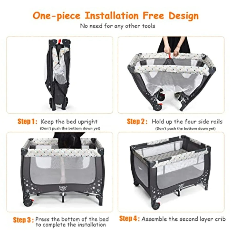 Portable Baby Playard With Bassinet Foldable Playpen Lightweight