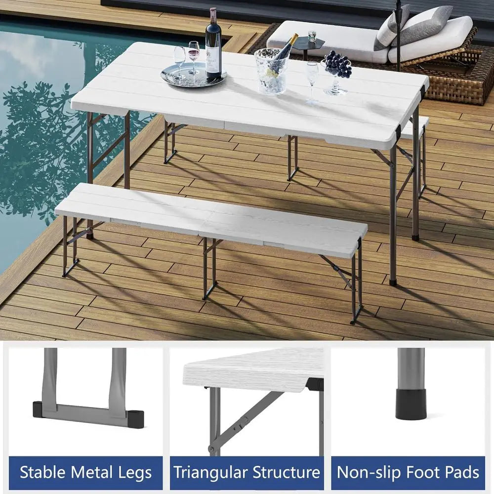 White outdoor folding table and bench set with metal legs and non-slip feet, 6-piece