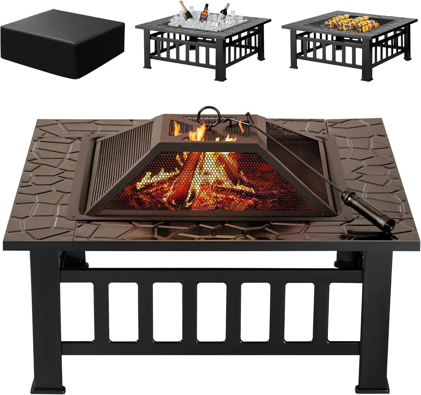 Devoko 32-inch outdoor fire pit table in bronze-brown metal with mesh guard and waterproof cover