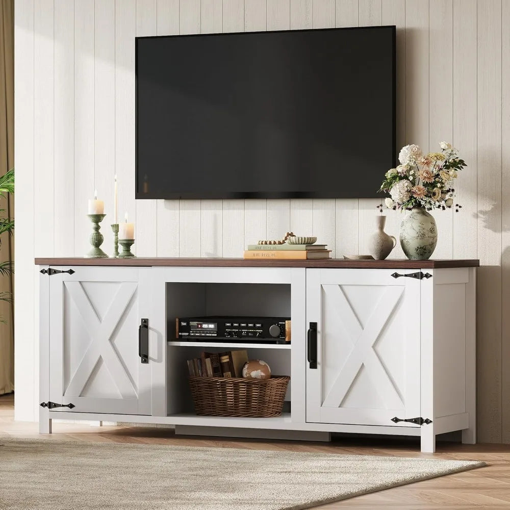 Modern Farmhouse TV Stand With X Shaped Barn Doors Storage