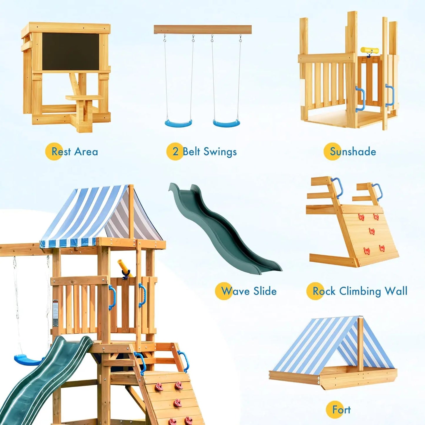 Rolife Wooden Swing Set With Dual Swings Rock Climbing Wall