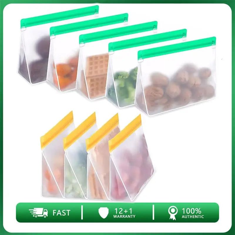 Reusable stand-up silicone PEVA food storage bags with green and yellow zip tops for freezer and sandwich storage