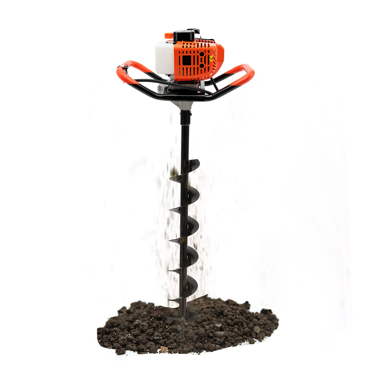 Post hole digger by S And B Enterprise with orange engine and 4/6/8 in auger bit