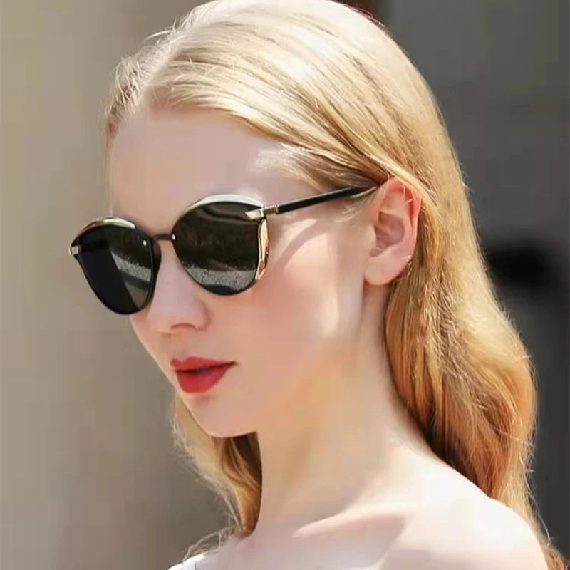 CLLOIO polarized sunglasses for women, round black lenses with gold-tone temples