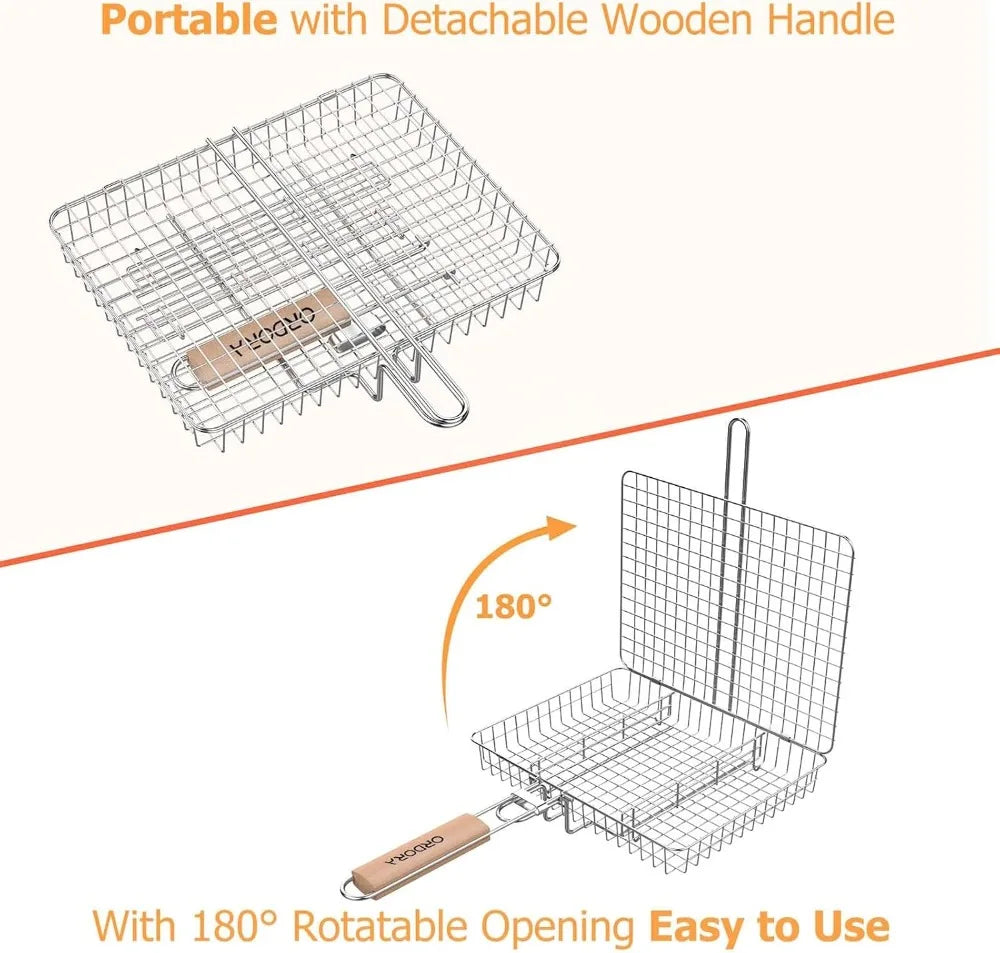 Deep stainless steel BBQ grilling basket with detachable wooden handle; 3-section design for fish, veggies, meat