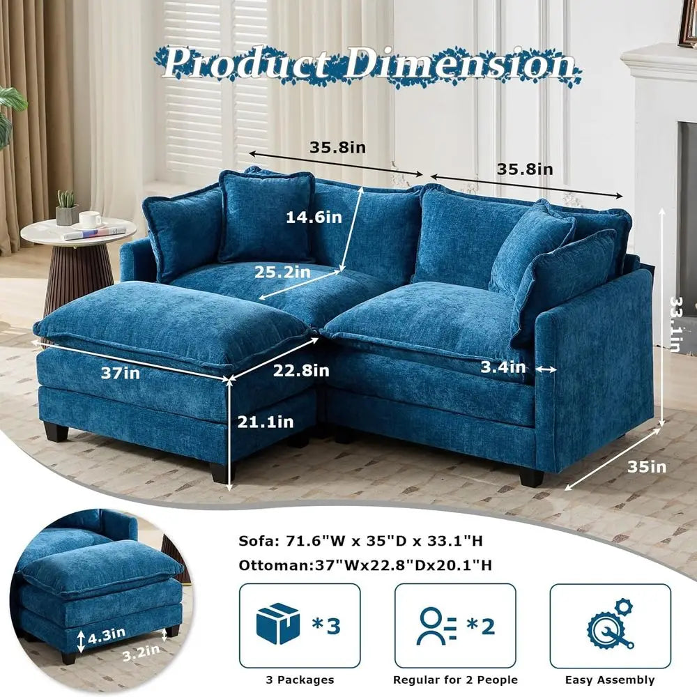 Luxe 77.95 L-Shaped Comfortable Sectional Sofa with Ottoman, 2-Seat Deep Seating Living Room Set, Blue by S And B Enterprise