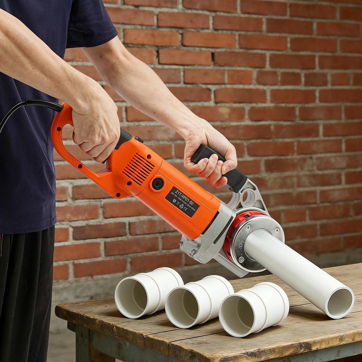 Orange electric pipe threader held by a worker, with white PVC pipes on a wooden table