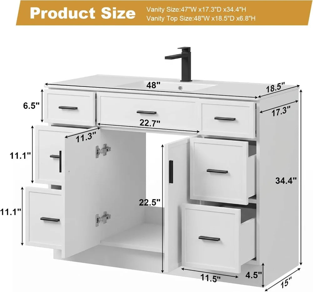 48" Bathroom Vanity with Sink, Farmhouse Cabinet, 2 Soft Close Doors & 6 Drawers, White by S And B Enterprise