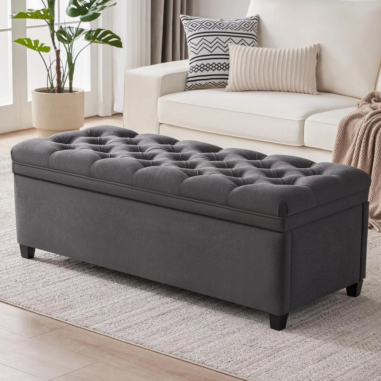 Tufted Storage Ottoman Bench With Linen Top For Living Room