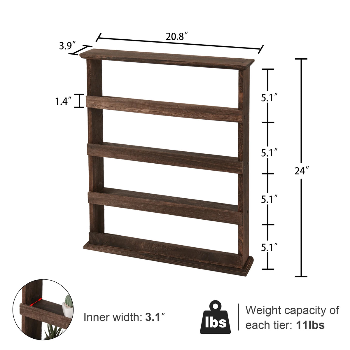 Rustic torched wood wall-mounted 4-tier spice rack by S And B Enterprise for jars; dark brown