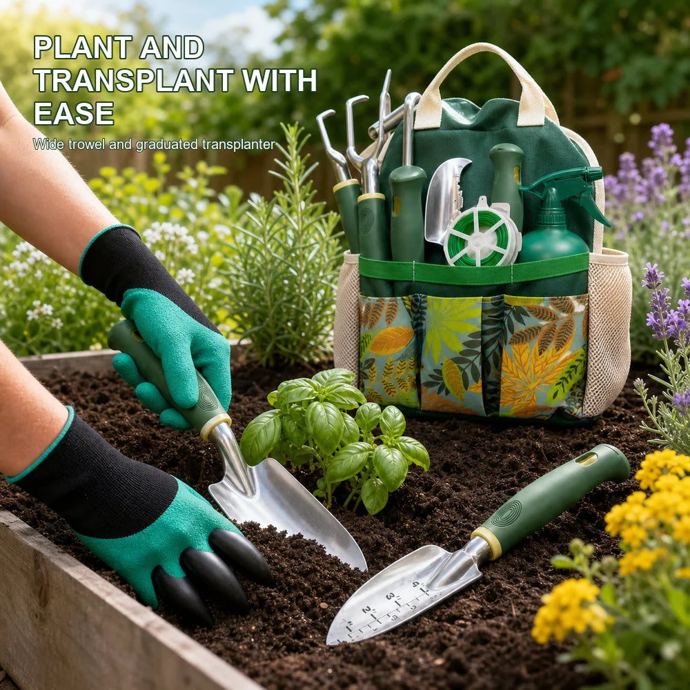 16-piece garden tool set by S And B Enterprise with aluminum hand tools and a floral tote bag