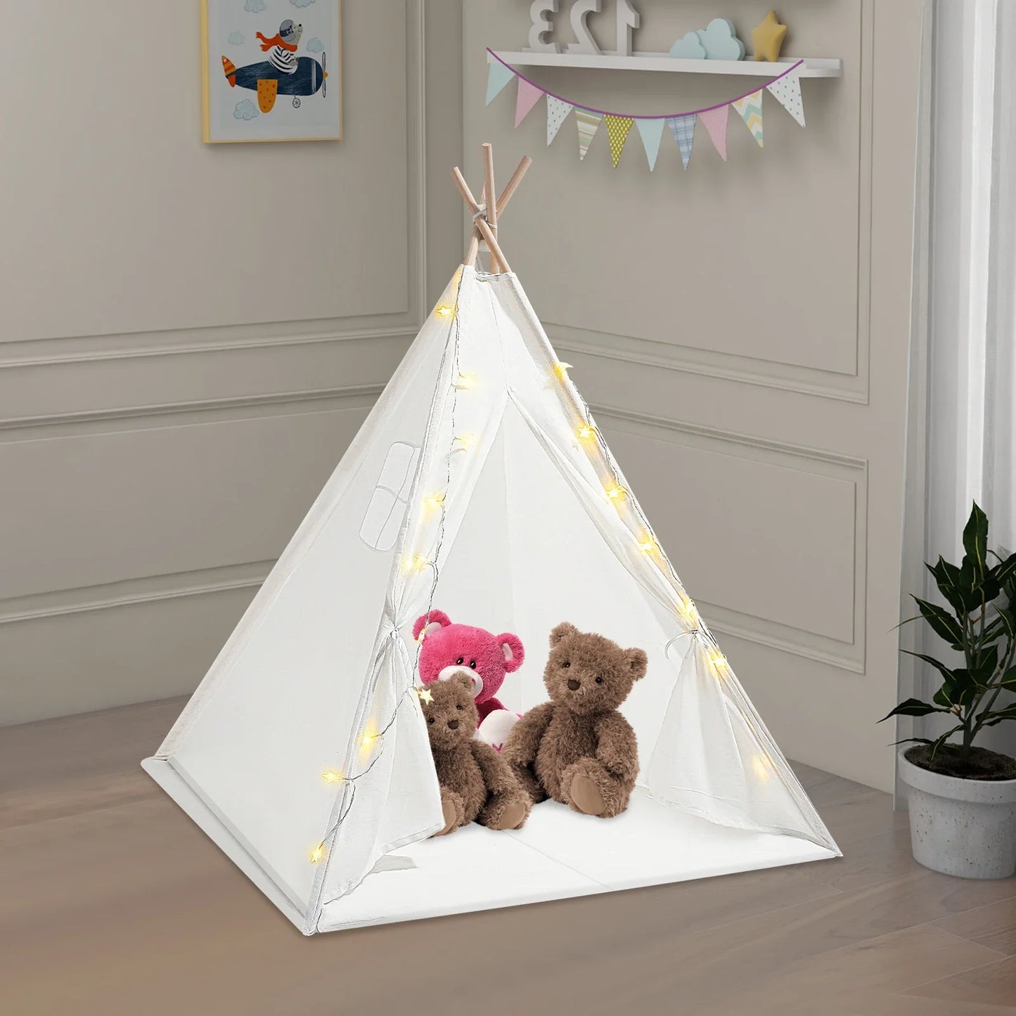 Bymaocar Modern Kids Teepee Tent With LED Lights Foldable