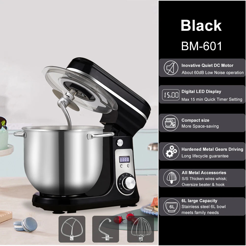 BioloMix stand mixer with 6L stainless bowl and black base, 1200W DC motor, 6 speeds, by S And B Enterprise