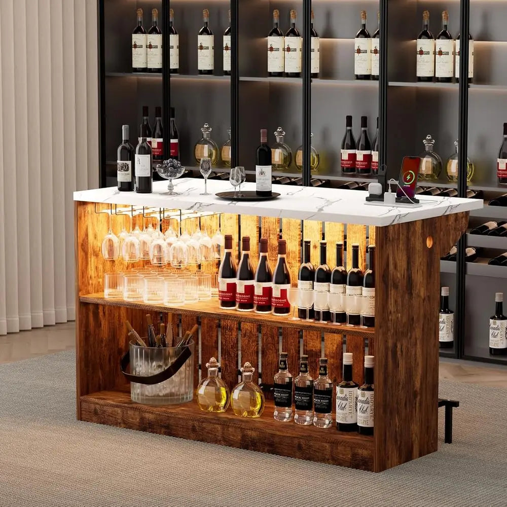 55 Modern Counter Height LED Mini Bar Table with Charging Station & Faux Marble Top for Dining or Living Room by S And B Enterprise