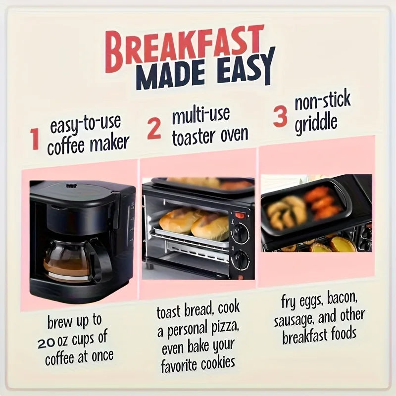 Black 3-in-1 breakfast machine by S And B Enterprise with coffee maker, toaster oven, and non-stick griddle.