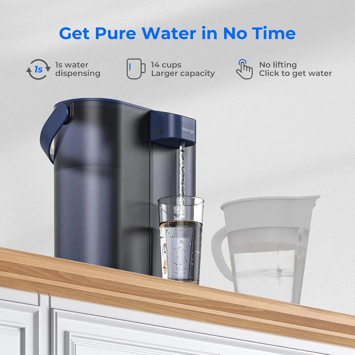 Waterdrop compact electric water filter pitcher on a countertop, blue dispenser pouring water into a glass