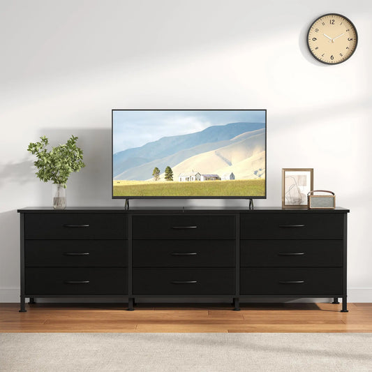 JHK black entertainment cabinet with 9 fabric drawers, long TV storage console for up to 75-inch TV