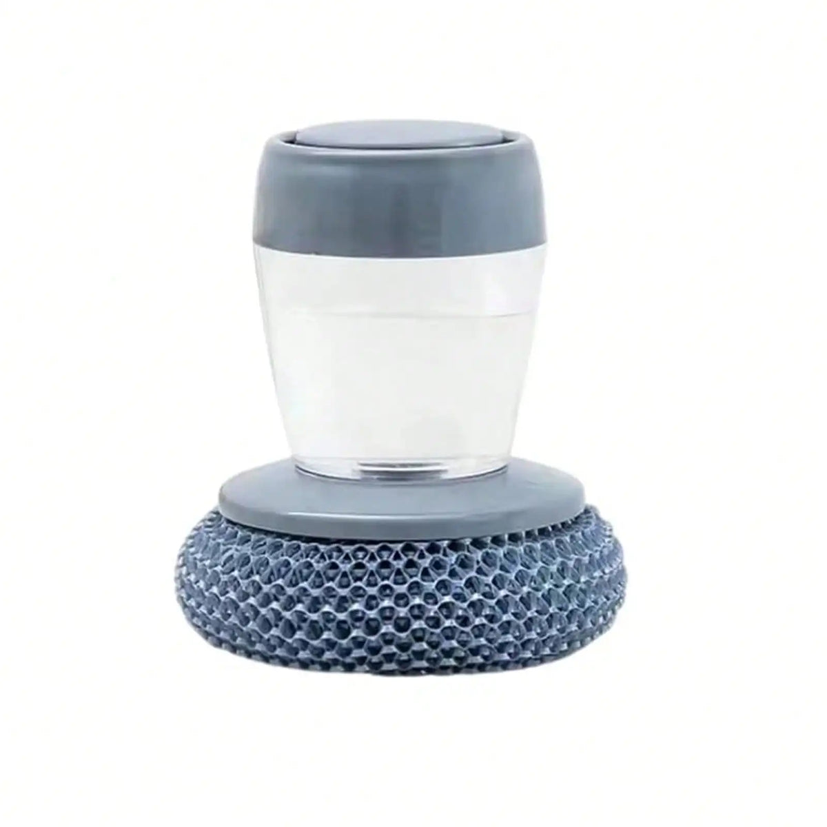 Self-filling soap dispenser brush with ergonomic gray handle and clear reservoir