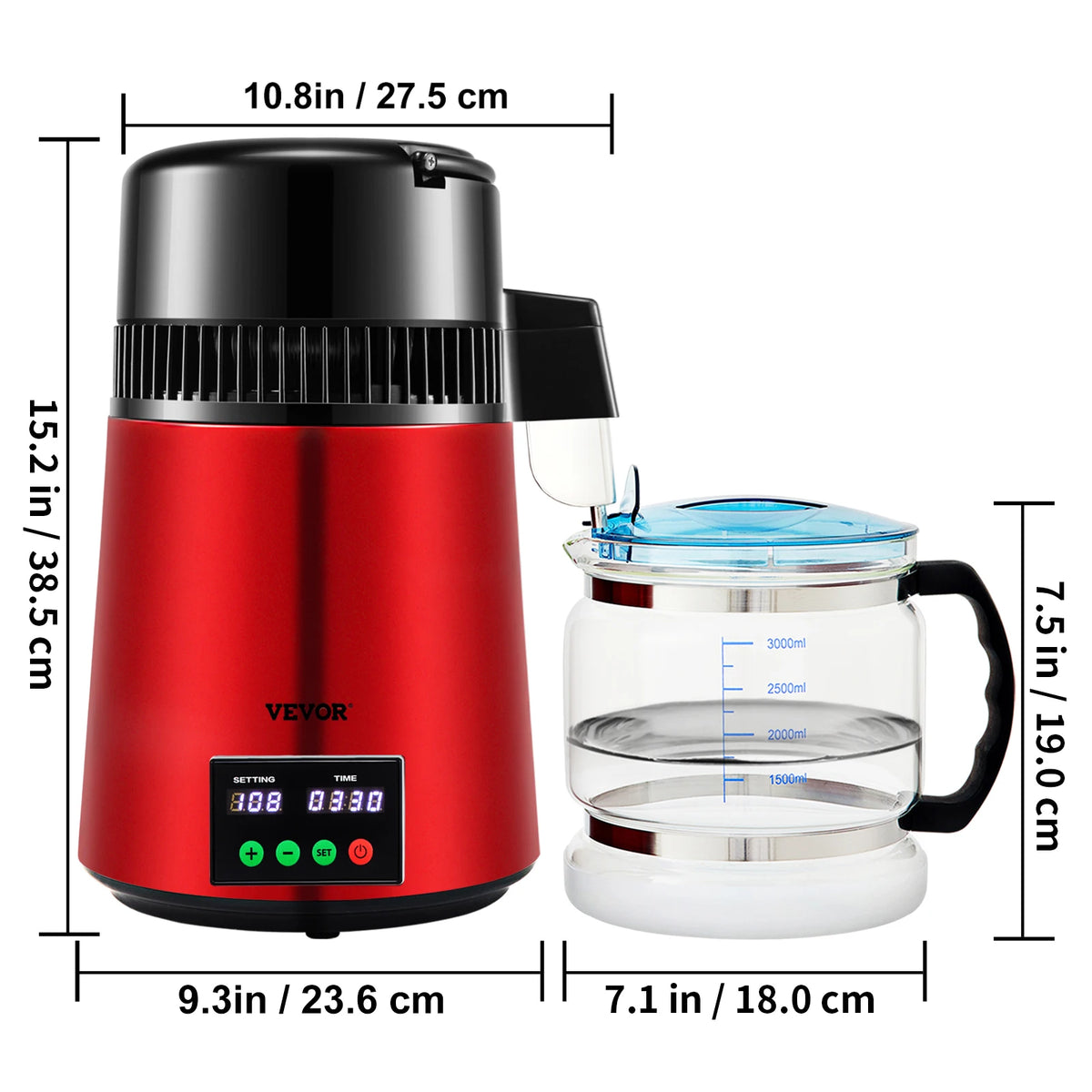 VEVOR red 4L water distiller purifier with touch screen beside a 3L glass water dispenser with blue lid