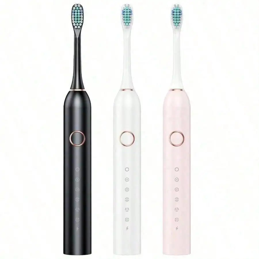 Three adult sonic electric toothbrushes by S And B Enterprise; black, white, and pink, USB rechargeable