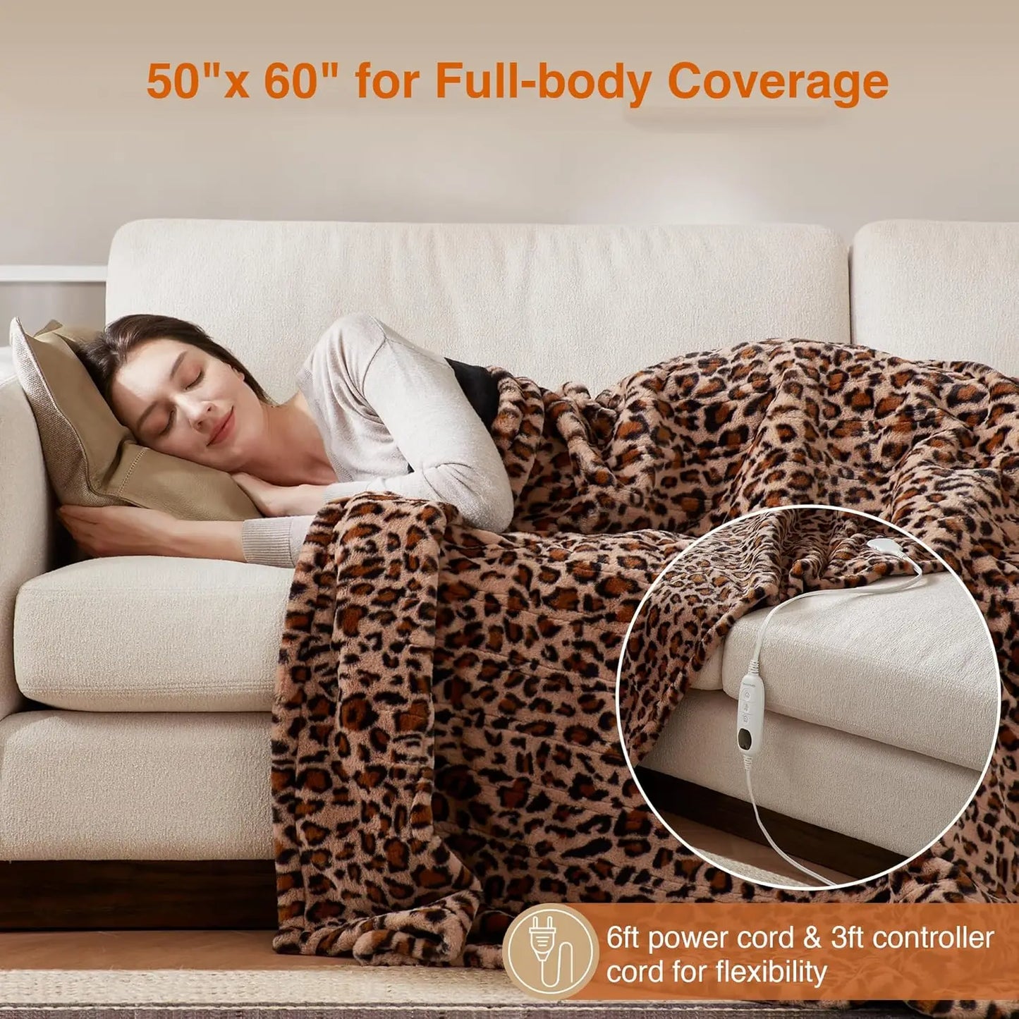 Leopard Print Electric Heated Throw Blanket With Auto Shut Off