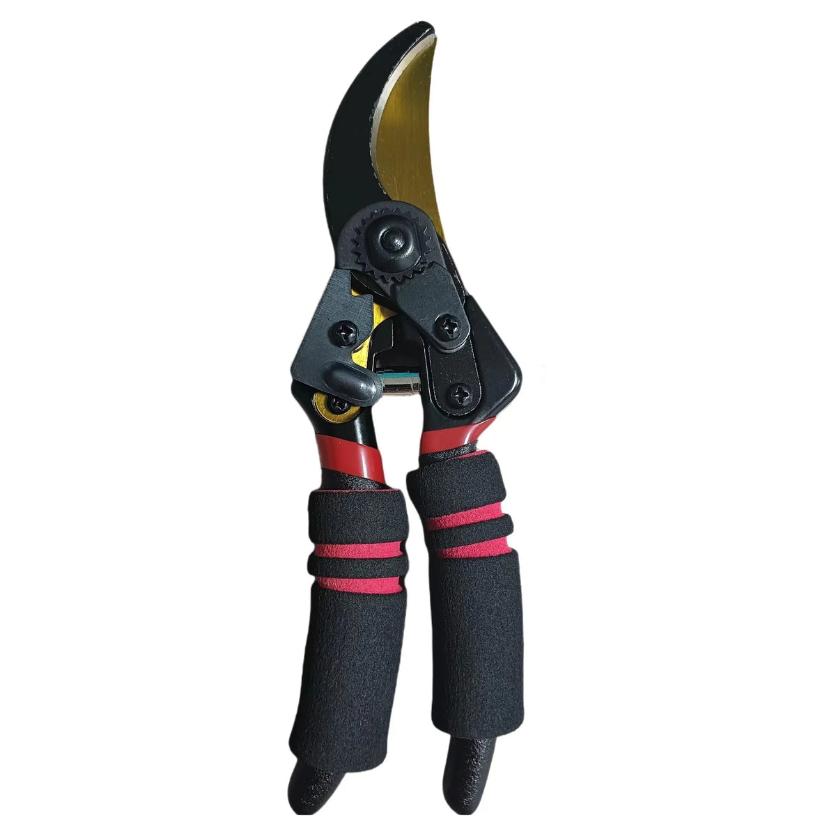 Pruning shears by S And B Enterprise with a gold blade and red/black handles.