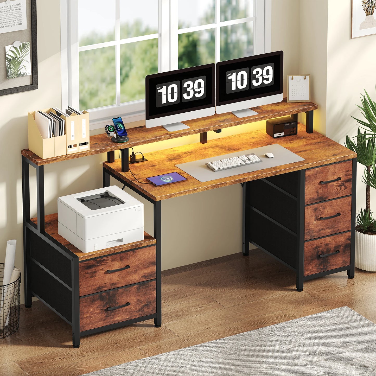 JHK Gaming Computer Desk With LED Lights And Drawers